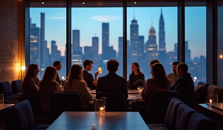 A small community gathering of readers in a modern New York library space