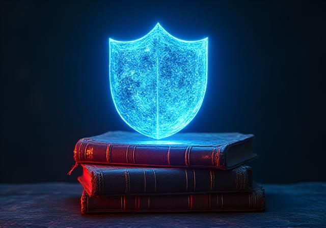 A futuristic digital shield protecting a collection of ancient leather-bound books